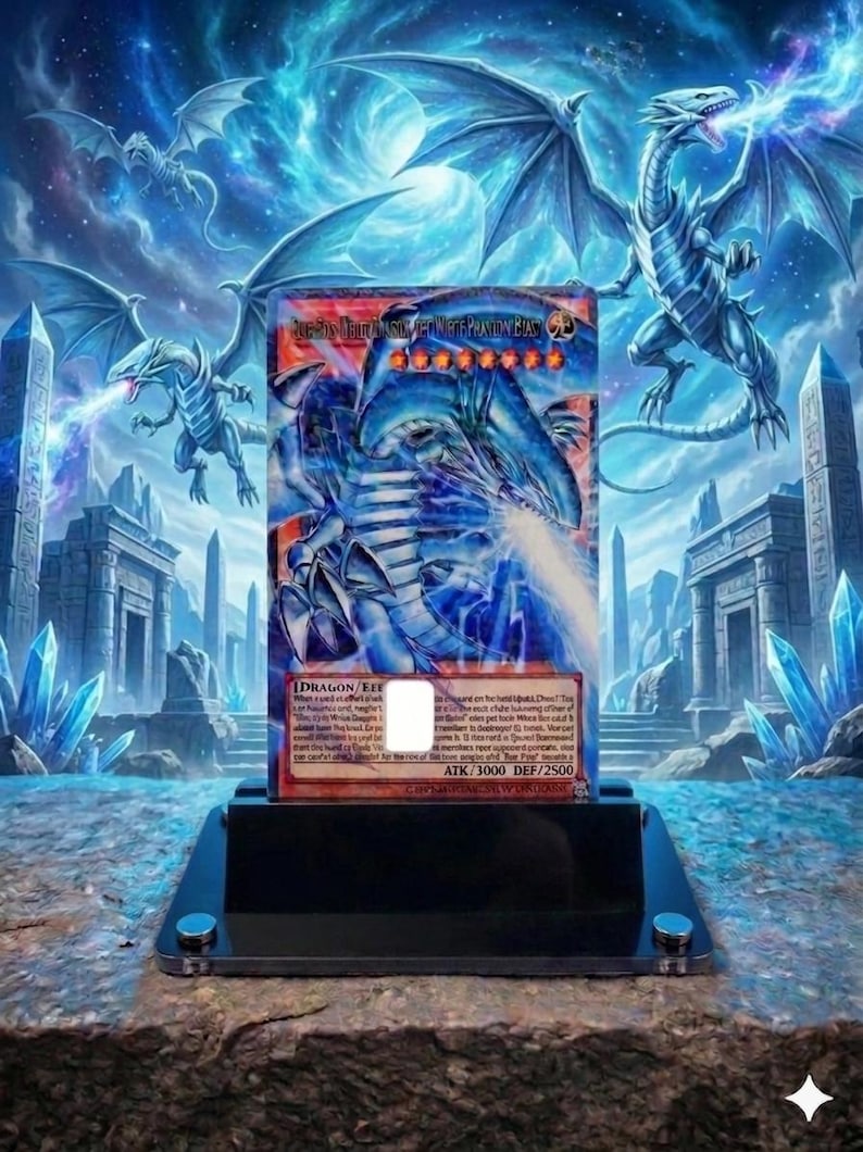 May include: A Yu-Gi-Oh! trading card depicting a blue dragon, displayed on a black stand. The card is set against a fantasy background with dragons, temples, and crystals. The card's text is visible, with measurements in cm.