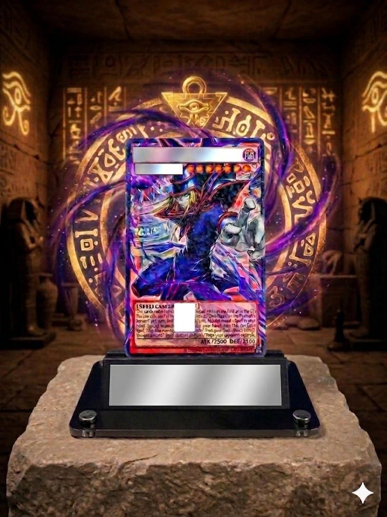 May include: A collectible trading card featuring a character in a blue and purple outfit, displayed on a black stand atop a stone base. The card has a silver border and is set against a background of ancient Egyptian-style hieroglyphs.