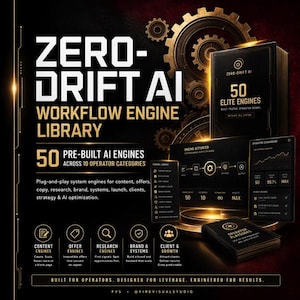 Op de afbeelding: Een zwart-gouden promotieafbeelding voor de Zero-Drift AI Workflow Engine Library. Het bevat een boek getiteld 50 Elite Engines, digitale dashboard-schermen met systeemstatistieken en iconen die content-, aanbiedings-, onderzoeks- en merkengines tonen.