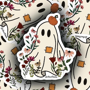 Cute Spooky Flower Ghost Sticker – 3&quot; Die Cut Vinyl – Waterproof Glossy – Halloween Fall Aesthetic – Boo-tiful Ghost Decal