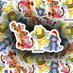 Vinilo troquelado: vinilo impermeable y brillante, 10 cm, Disney, Navidad, invierno, luces navideñas de Pooh y sus amigos.