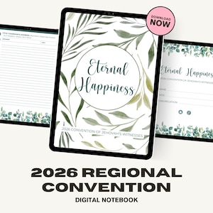 Könnte beinhalten: Digitales Notizbuch für den Regionalen Kongress 2026 der Zeugen Jehovas. Das Cover zeigt die Worte "Eternal Happiness" umgeben von grünen Blättern. Das Notizbuch wird auf einem Tablet mit einem "Download Now"-Button angezeigt.