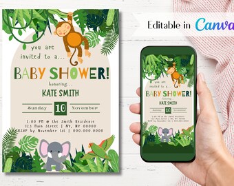 Editable Jungle Themed Baby Shower Invitation | Digital Download | Printable | Canva Template