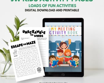 Può includere: Un prodotto digitale scaricabile con pagine di attività per bambini. L'immagine mostra un tablet che mostra un "My Meeting Activity Book" e pagine stampate con labirinti e giochi di parole. Il testo include "JW Kids Activity Pages" e "Loads of Fun Activities".