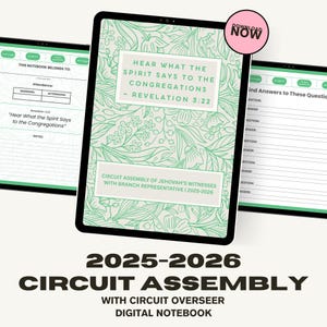 Puede incluir: Cuaderno digital para la Asamblea de Circuito 2025-2026 de los Testigos de Jehová. El cuaderno presenta un diseño floral y el texto "Oigan lo que el espíritu dice a las congregaciones - Revelación 3:22."