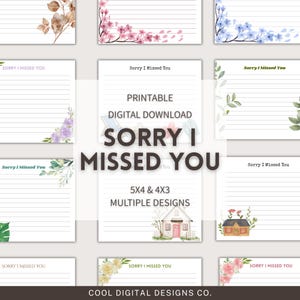 Puede incluir: Descarga digital imprimible de tarjetas "Sorry I Missed You" en varios diseños. Las tarjetas están disponibles en tamaños 5x4 y 4x3, con espacio rayado para escribir y acentos florales o botánicos decorativos.