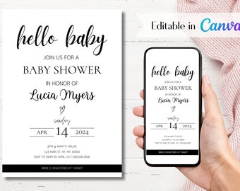 Editable Minimalist 'Hello Baby' Baby Shower Invitation | Digital Download | Printable | Canva Template | Black and White