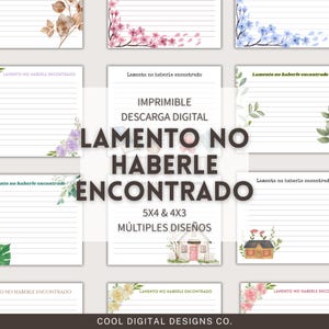 Könnte beinhalten: Eine Sammlung druckbarer digitaler Downloads mit linierten Papieren mit floralen und botanischen Designs. Der Text "LAMENTO NO HABERLE ENCONTRADO" wird angezeigt, zusammen mit "IMPRIMIBLE DESCARGA DIGITAL" und "5X4 & 4X3 MÚLTIPLES DISEÑOS".