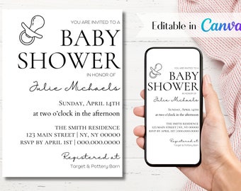 Editable Minimalist Baby Shower Invitation | Digital Download | Printable | Canva Template | Black and White