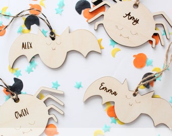 Arquivo SVG de etiqueta de aranha e morcegos de Halloween Glowforge, pacote de tags de Halloween, etiqueta Boo Basket SVG