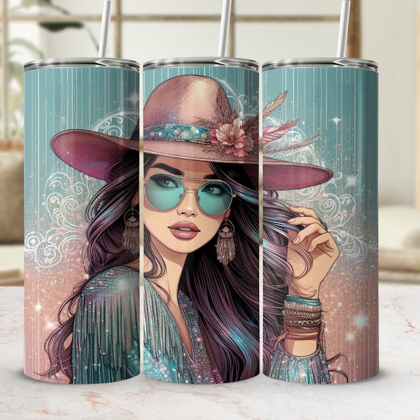 Boho Chic Girl Tumbler Wrap, Floral Hat Illustration, Sublimation, Instant Download, Digital Art, Trendy Bohemian Accessory, PNG, Skinny Tum