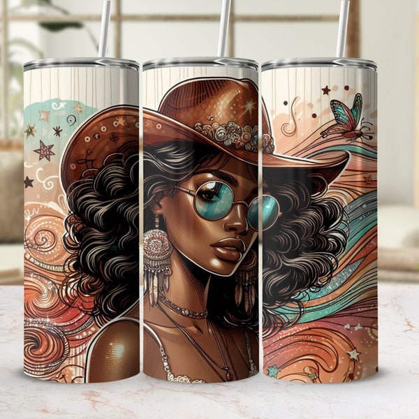 Melanin Bohemian Style Cowgirl Tumbler Wrap,  Western Fashion Art, African American Sublimation, PNG, Instant Digital Download, 20 oz