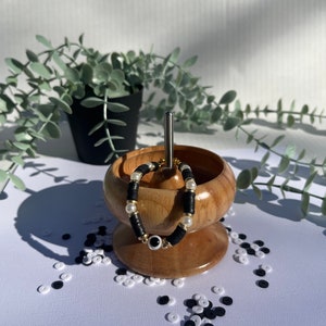 Handmade Heishi Bracelet Stack, Black and White polymer clay beads, and Custom Sizing