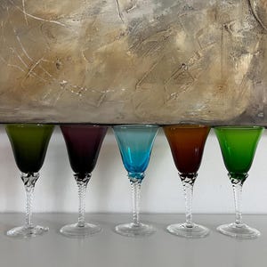Gorgeous Set Of Vintage Blown Glass Cordials With Long Clear Air Twist Stems
