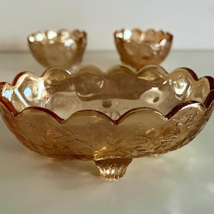 Vintage Jeannette Iridescent Glass Floragold Candy Dish With Scalloped Edge
