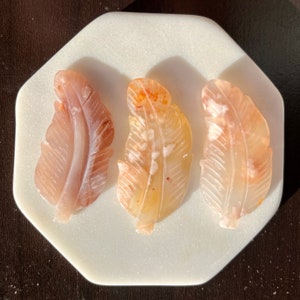 Può includere: Tre sculture in agata a forma di piume. Le piume sono in tonalità di bianco, marrone e arancio. Le sculture sono esposte su una superficie di marmo bianco.