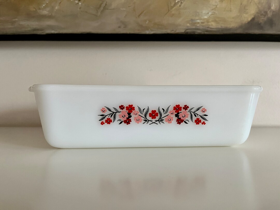 Fire King Primrose 1960s Milk Glass Loaf Pan With Pretty Pink Etsy