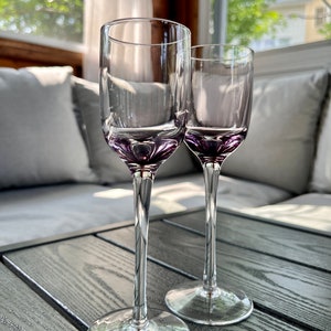 Pretty Pair Of Purple Liqueur Dessert Wine Glasses With Clear Glass Stems
