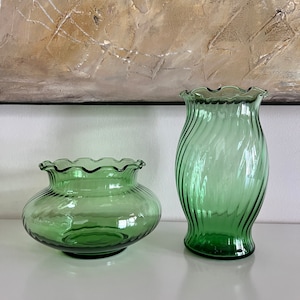 Cute Pair Of Vintage Tall & Short Green Glass Swirl Vases