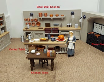 1:24 scale (half scale)  Complete Downton Abby TV  kitchen,  2 Wall Sections, Center Table, Stove/Oven, Pot Rack, for dollhouse or diorama