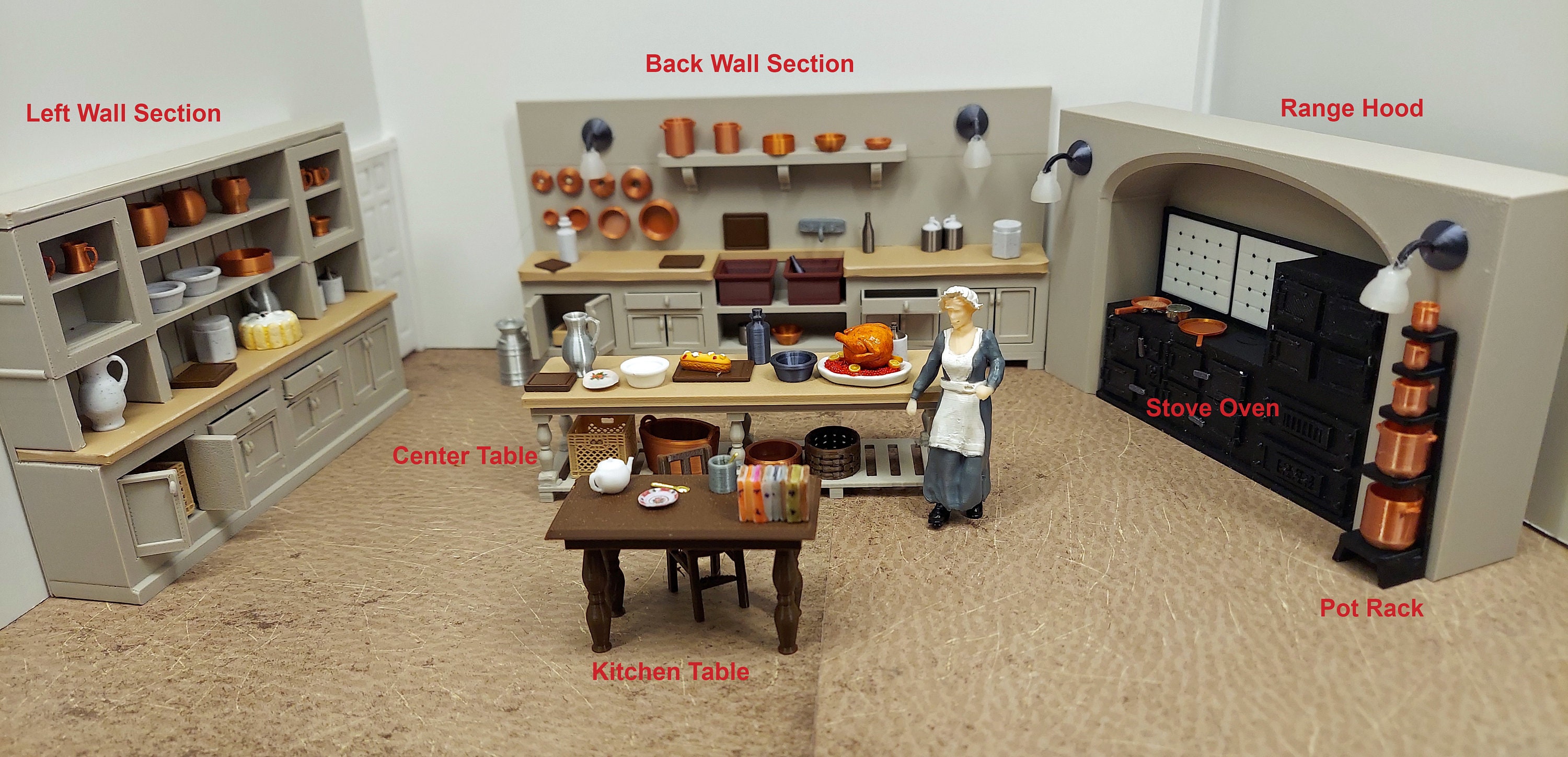 1:24 scale (half scale)  Complete Downton Abby TV  kitchen,  2 Wall Sections, Center Table, Stove/Oven, Pot Rack, for dollhouse or diorama