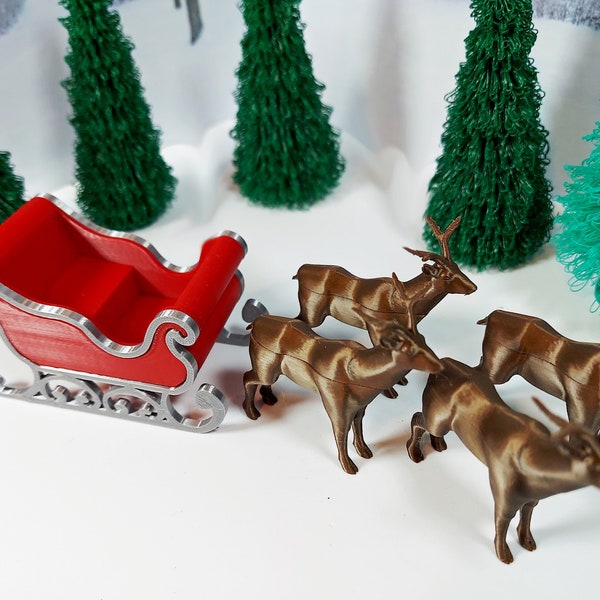 1:24 scale (half scale) 3d printed reindeer, and sleigh for dollhouse or diorama. (santa and presents separate listing)