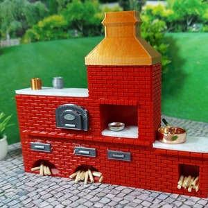 1:24 scale (half scale) 4 color print bbq in cream or red for dollhouse or diorama.