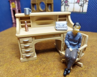 Dollhouse desk with 8 working drawers and free office chair for dollhouse miniatures or diorama 1:24 scale (half scale)