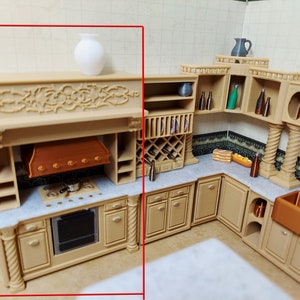 1:24 scale (half scale) range and oven, part of full fancy pants dollhouse kitchen in lite brown with marble colored counter for dollhouse