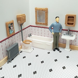 Dollhouse bathroom  high flush toilet tub sink steam radiator and medicine cabinet for dollhouse or diorama 1:24 scale (half scale)