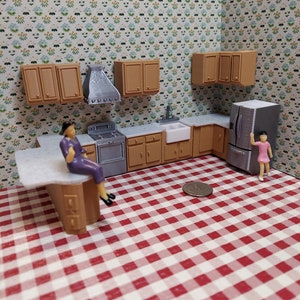 Dollhouse kitchen  upper and lower cabinets fridge stove with range hood and a farm sink 1:24 (half) scale.