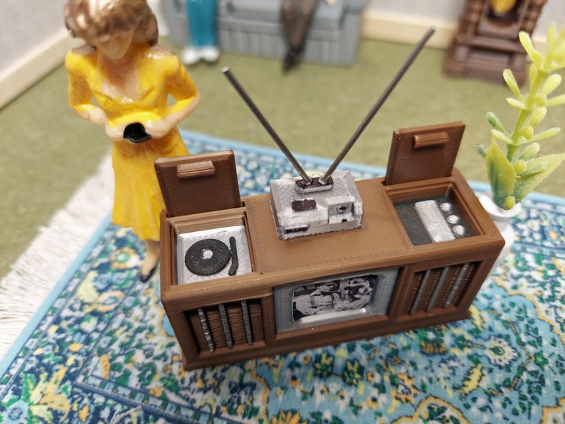 Dollhouse 1950s Tv Console With Turntable Stereo and Vcr With Rabbit ...
