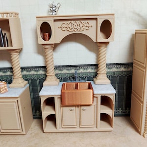 1:24 scale (half scale) sink, part of my full fancy pants dollhouse kitchen in lite brown with marble colored counter for dollhouse