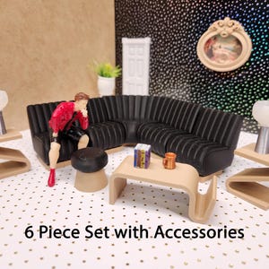 1:24 (half scale) Mid-Century Modern Sophia Couch Set,  Coffee Table, end tables, lamps for dollhouse, diorama.
