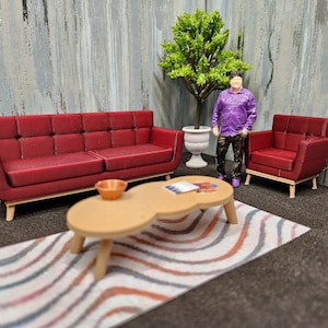 1:24 (half scale) Mid-Century Modern 3 piece set. Couch, Chair, Coffee Table for Dollhouse, Diorama.