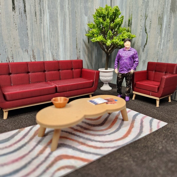 1:24 (half scale) Mid-Century Modern 3 piece set. Couch, Chair, Coffee Table for Dollhouse, Diorama.