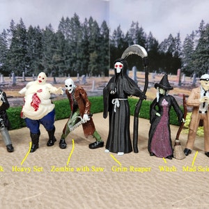 1:24 (half scale) All 8  halloween figures in collection, unpainted gray plactic or hand painted for dollhouse or diorama. Very halloweenie.