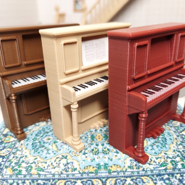 1:24 Scale (Half Scale) 3D printed Dollhouse Upright Piano. Available in three colors or 3 Color print. High Detail Miniature with Bench