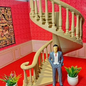 1:24 scale (half scale) miniature spiral staircase for dollhouse or diorama in three colors.