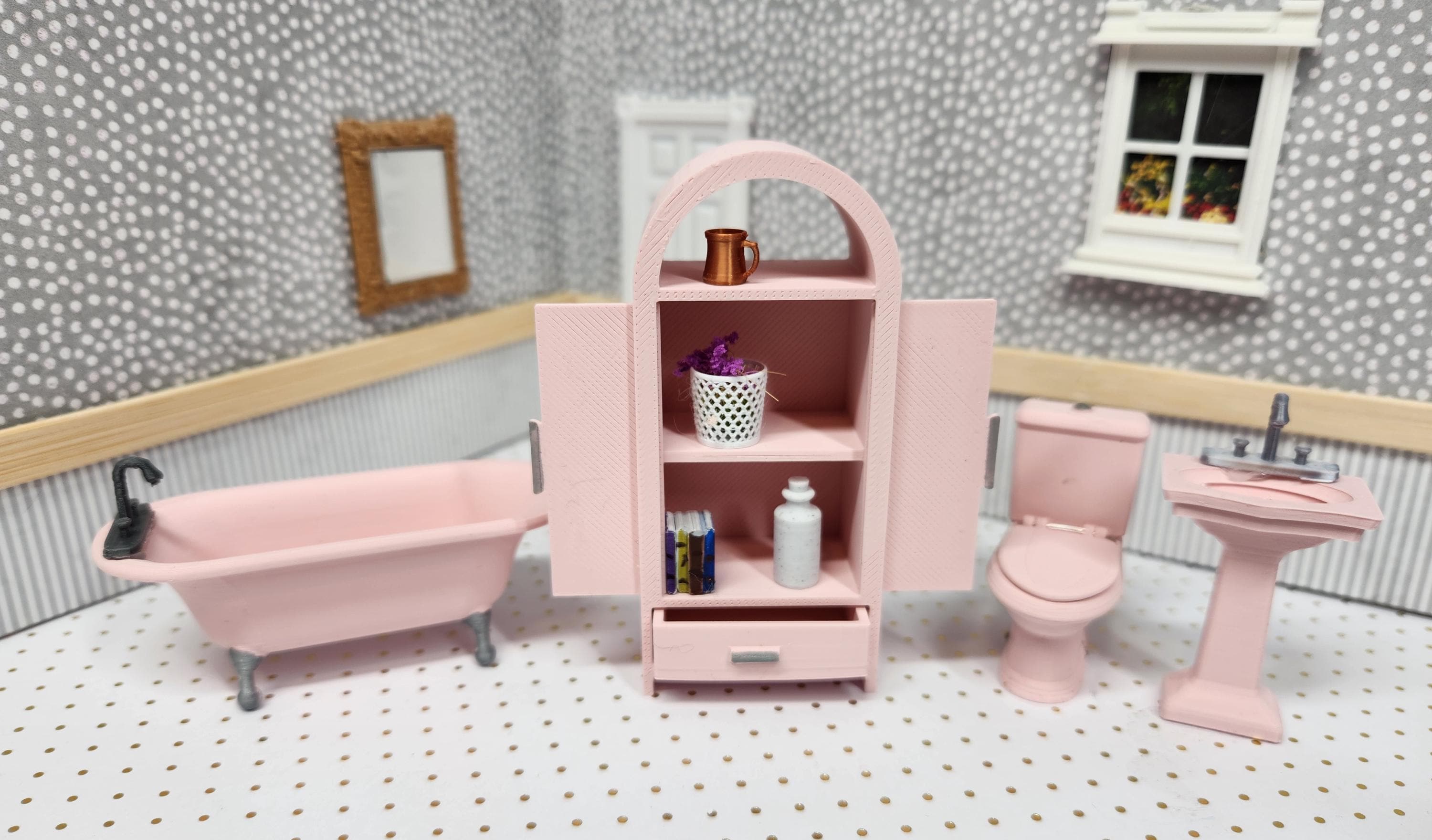 アンティーク ドイツ ドールハウス バスルーム ミニチュア家具 鉄製ブルータイル 15585 Bathroom, porcelain, white, with decor, 4 pcs. バスルーム