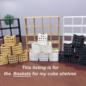 1:24 (half scale) this listing is for the baskets only that fiit my cube style shelves like ikea in three colors for dollhouse or diorama.