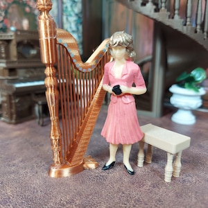 1:24 (half) scale mini harp with bench for dollhouse or diorama. three colors