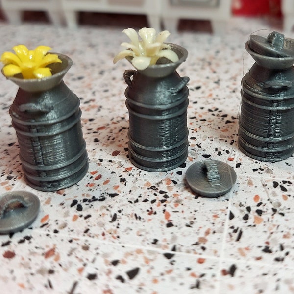 Set of three milk cans with lids.  1:24 scale (half scale) 3d printed in gray  for dollhouse or diaorama.