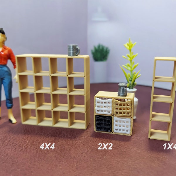 1:24 (half scale) cube style shelves like ikea in three colors with optional baskets for  dollhouse or diorama.