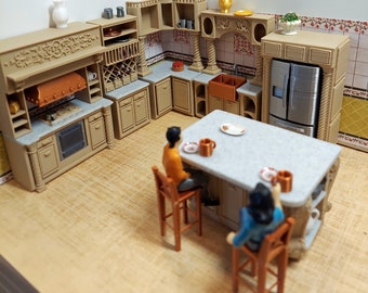 1:24 scale (half scale) full fancy dollhouse kitchen in lite brown or white with marble colored counters. 3d fdm printed. six section set.