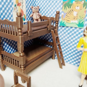 May include: A wooden bunk bed with a ladder, featuring a brown finish. The bed is set against a blue and white checkered background. A teddy bear sits on the top bunk.