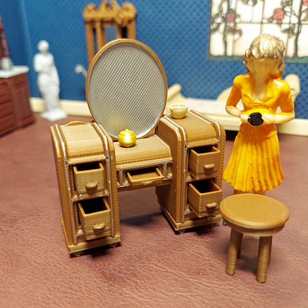 Miniature vanity dresser makeup table  for dollhouse or diorama with stool 1:24 scale (half scale)