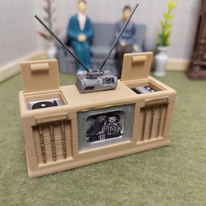 Dollhouse 1950s tv console with turntable stereo  and removable vcr with rabbit ears for miniature dollhouse 1:24 scale (half scale)