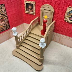 1:24 scale (half scale) Dollhouse Grand Staircase miniature in three colors. Optional Newel Post Statues