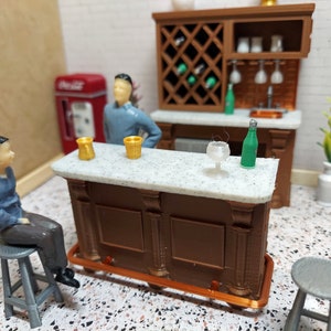 1:24 scale (half scale) dollhouse miniature wet bar chocolate brown with marble colored counters and copper colored foot bar and sink.